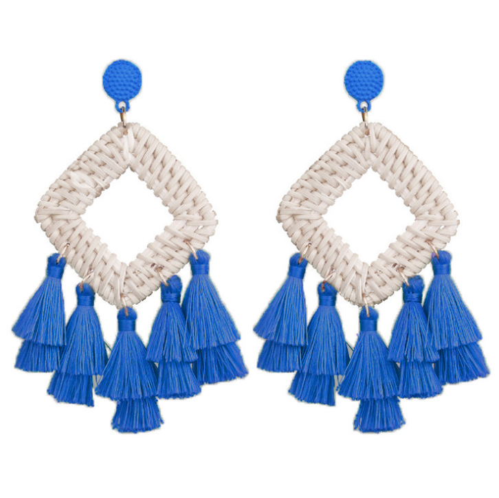 Fabric Tassel Rattan Earrings OEM Handmade Jewelry