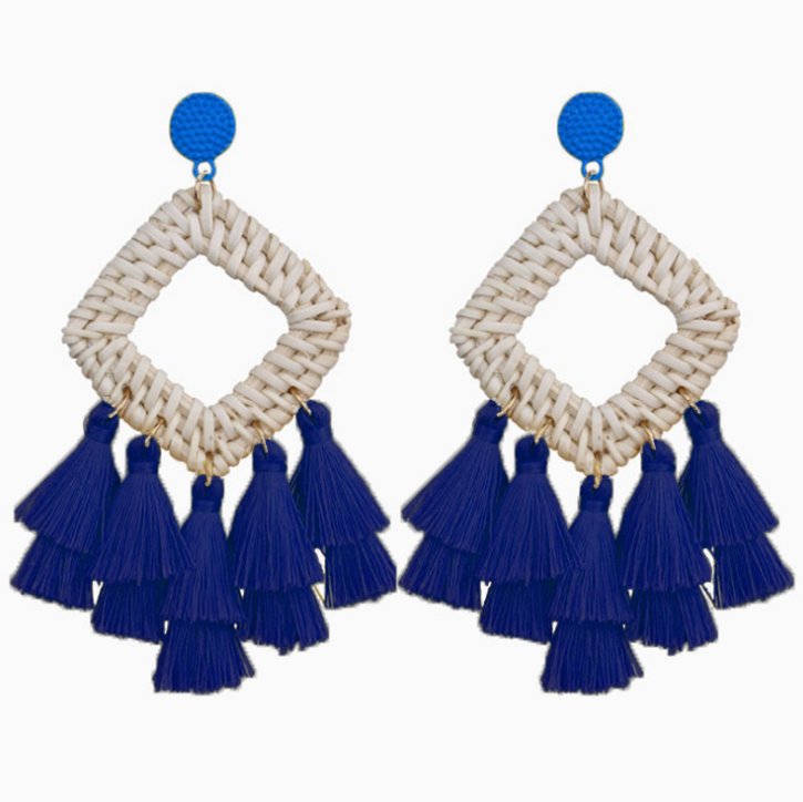 Fabric Tassel Rattan Earrings OEM Handmade Jewelry