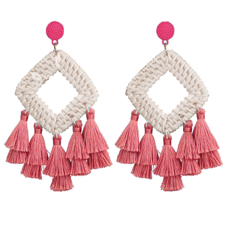 Fabric Tassel Rattan Earrings OEM Handmade Jewelry