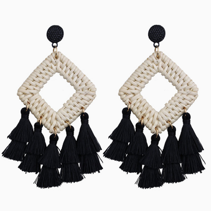 Fabric Tassel Rattan Earrings OEM Handmade Jewelry