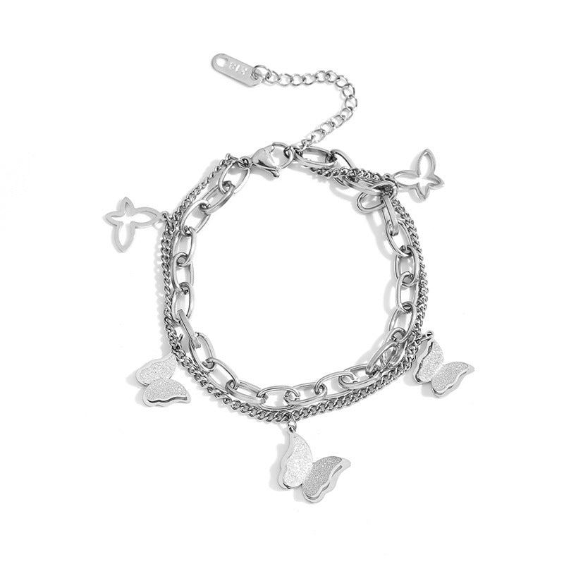 wholesale high quality stainless steel butterfly charm double layers chain bangle bracelet jewelry woman china supplier