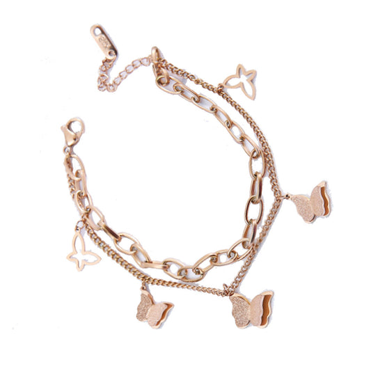 wholesale high quality stainless steel butterfly charm double layers chain bangle bracelet jewelry woman china supplier