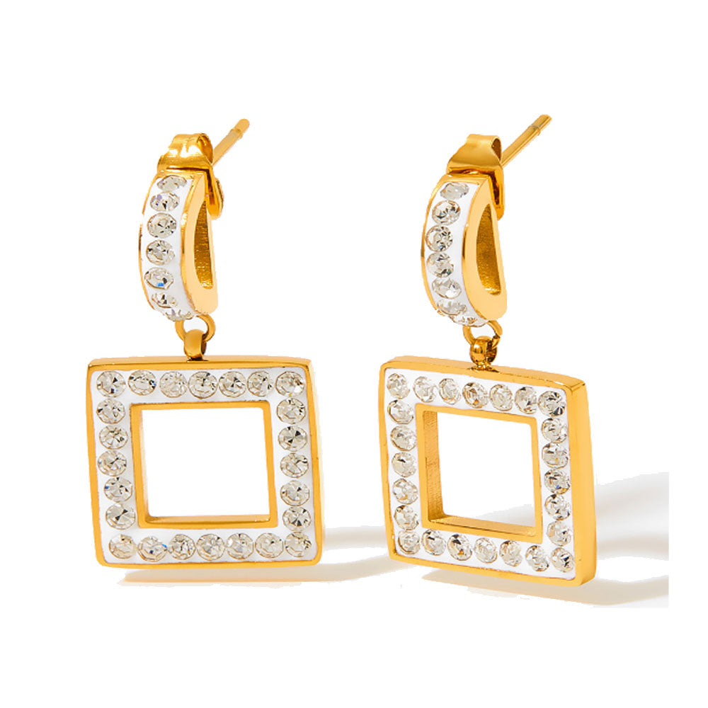 wholesale stainless steel gold plated 14k square dangle earring zircon beads women China manufacturer factory supplier