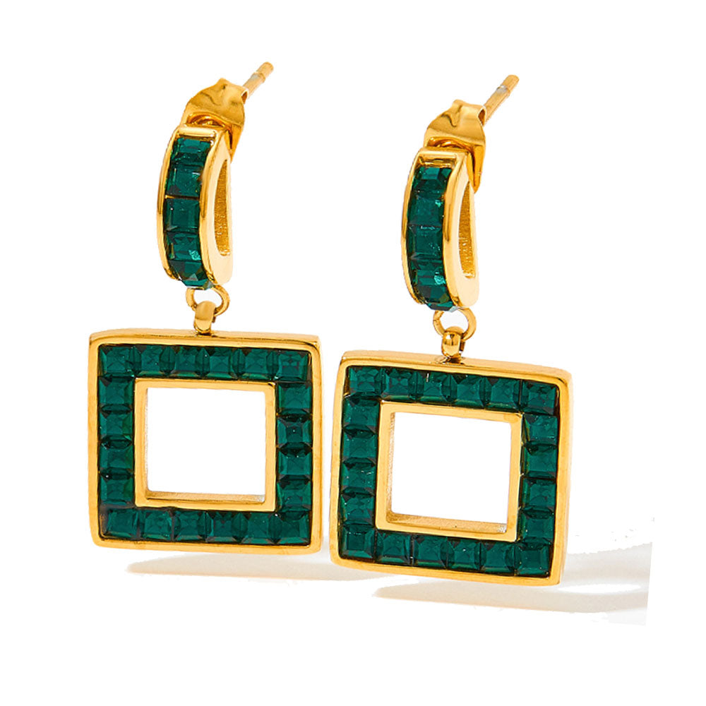 wholesale stainless steel gold plated 14k square dangle earring zircon beads women China manufacturer factory supplier