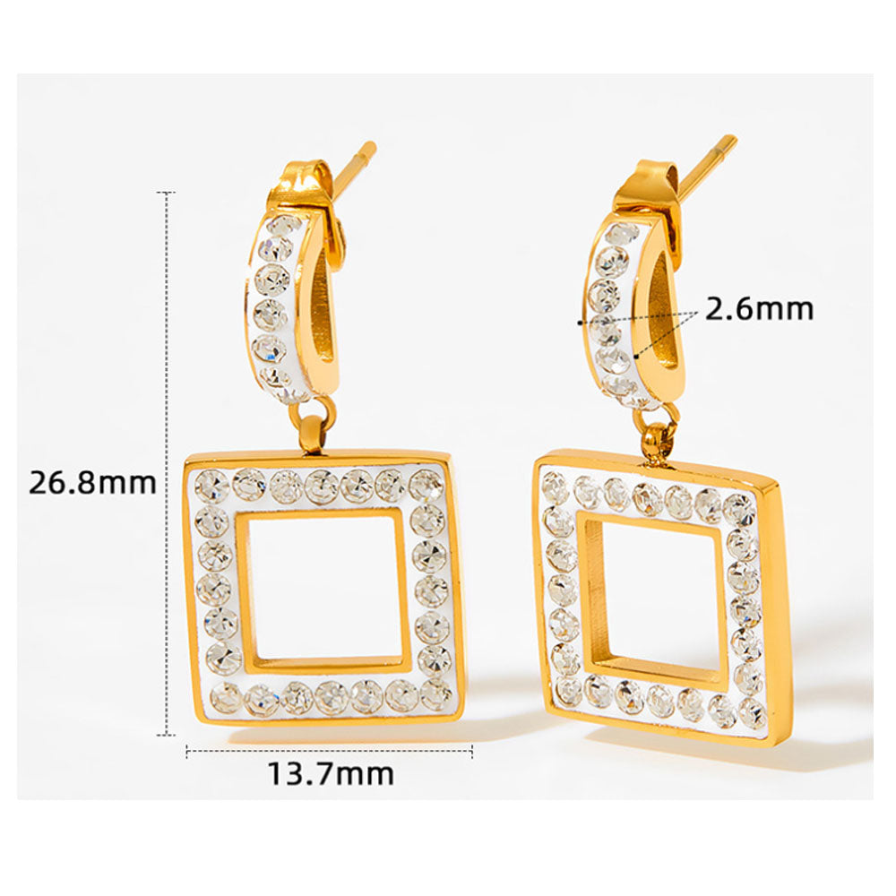 wholesale stainless steel gold plated 14k square dangle earring zircon beads women China manufacturer factory supplier