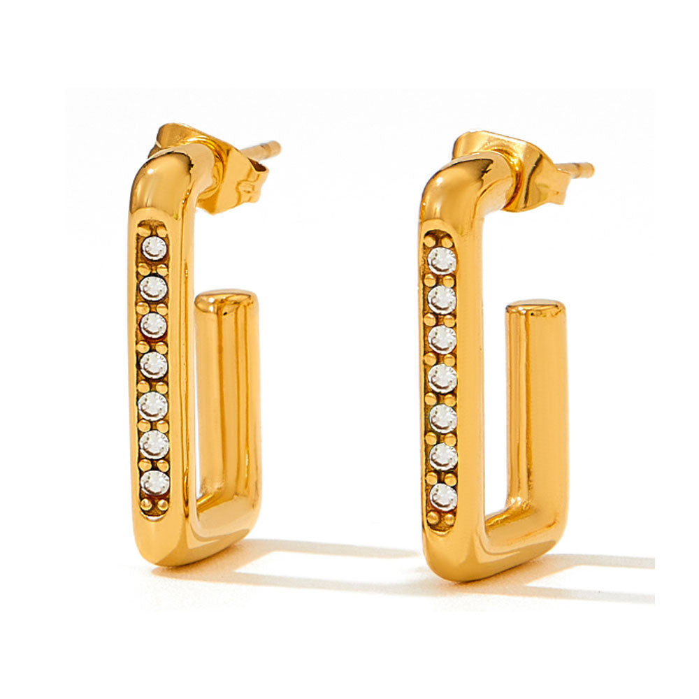 wholesale stainless steel gold plated 14k rectangle open dangle earring zircon beads women China manufacturer factory supplier