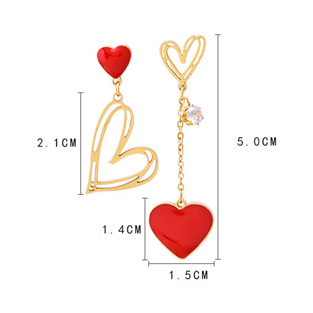 wholesale stainless steel gold plated zircon charm red heart dangle asymmetric earring women China manufacturer factory supplier
