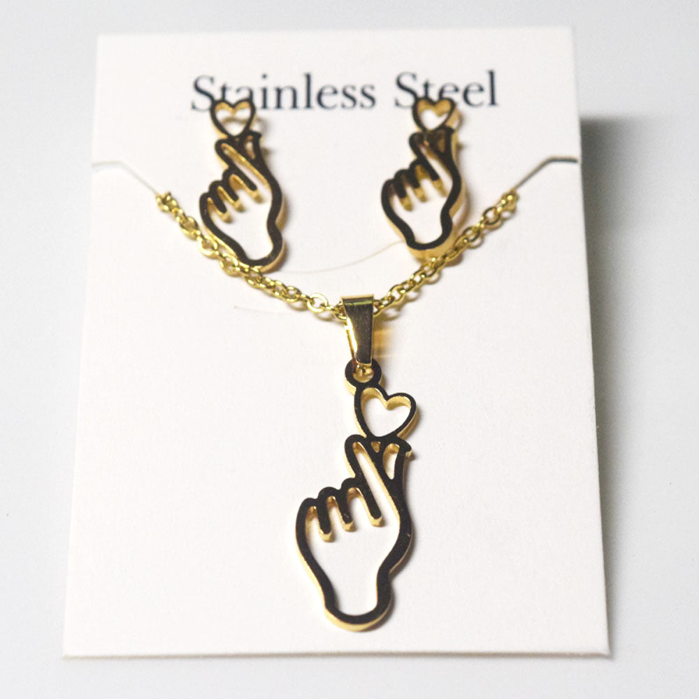 fashion women stainless steel gold color love you hand gesture necklace and earring jewelry set