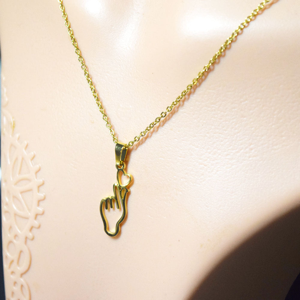 fashion women stainless steel gold color love you hand gesture necklace and earring jewelry set