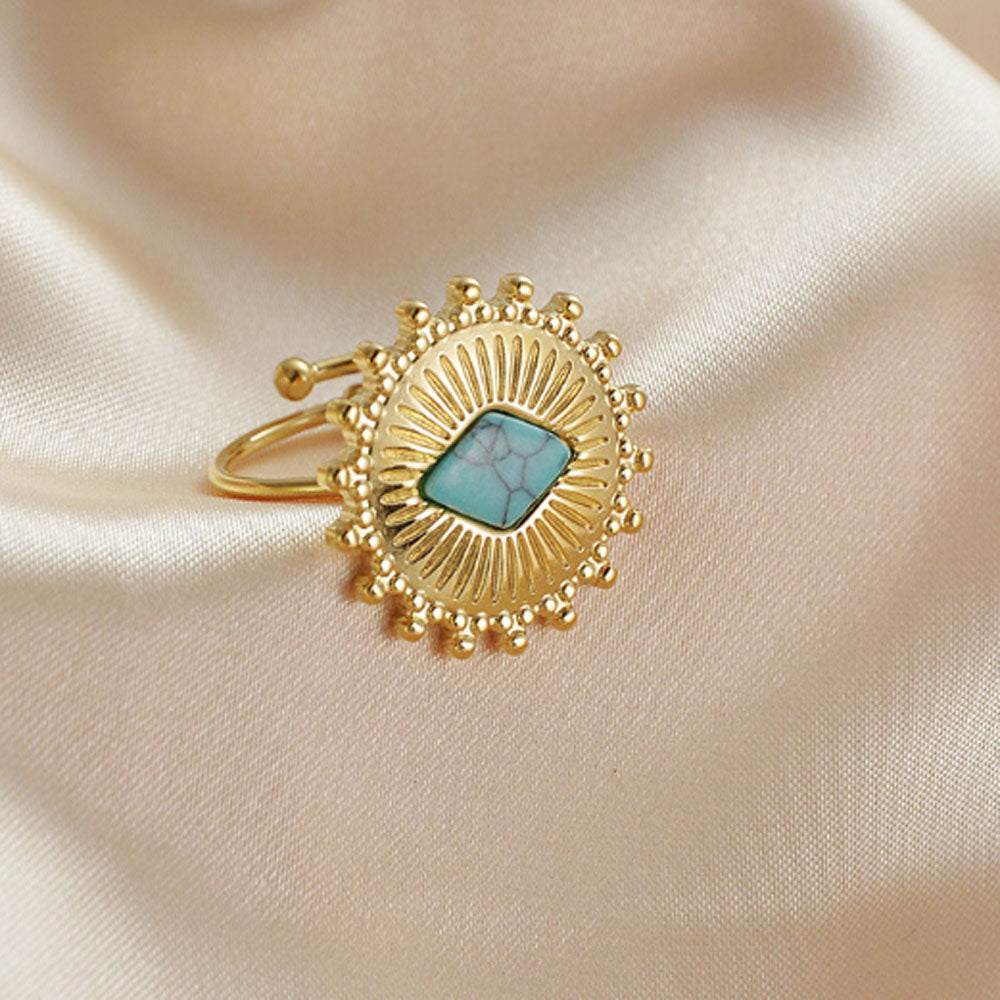 bulk waterproof chic eternity stainless steel gemstone paved turquoise 14k gold plated finger ring jewelry open cuff rings