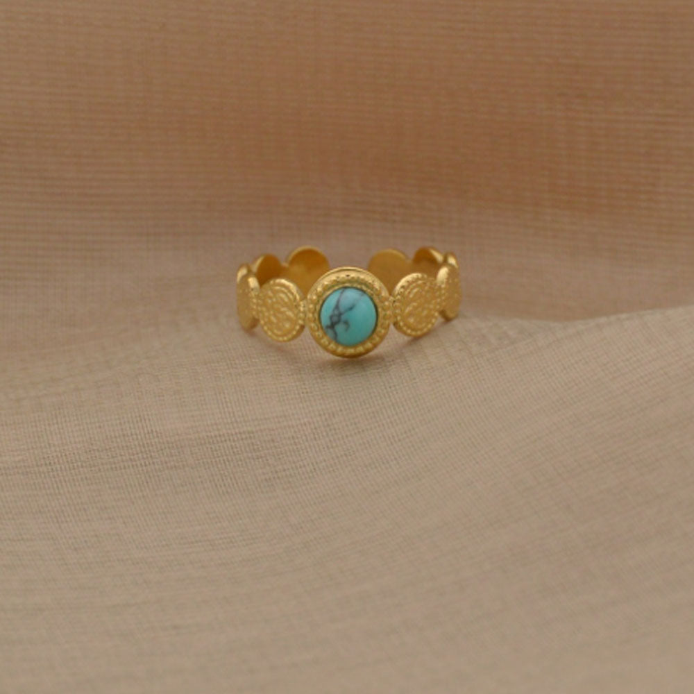 bulk waterproof chic eternity stainless steel gemstone paved turquoise 14k gold plated finger ring jewelry open cuff rings