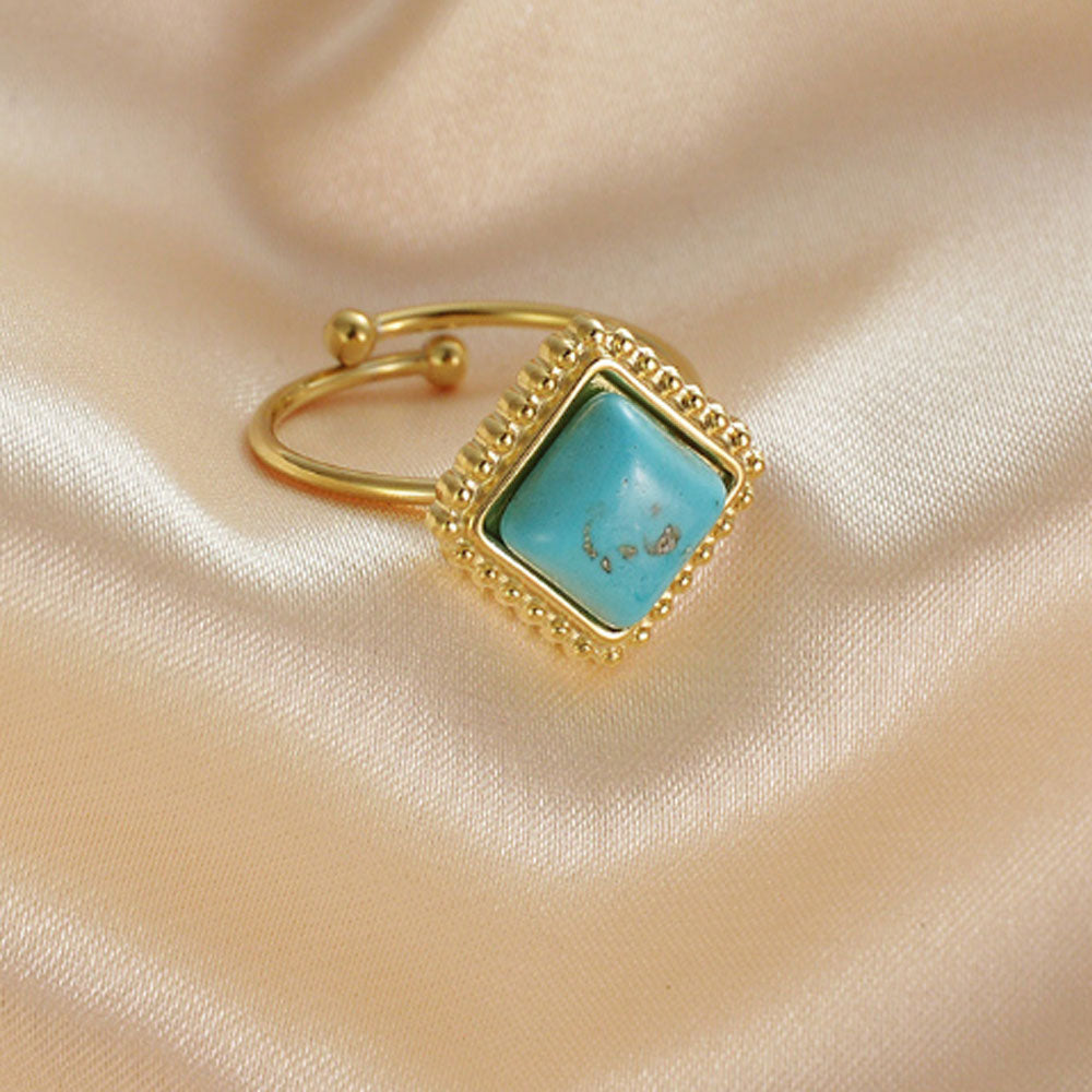 bulk waterproof chic eternity stainless steel gemstone paved turquoise 14k gold plated finger ring jewelry open cuff rings