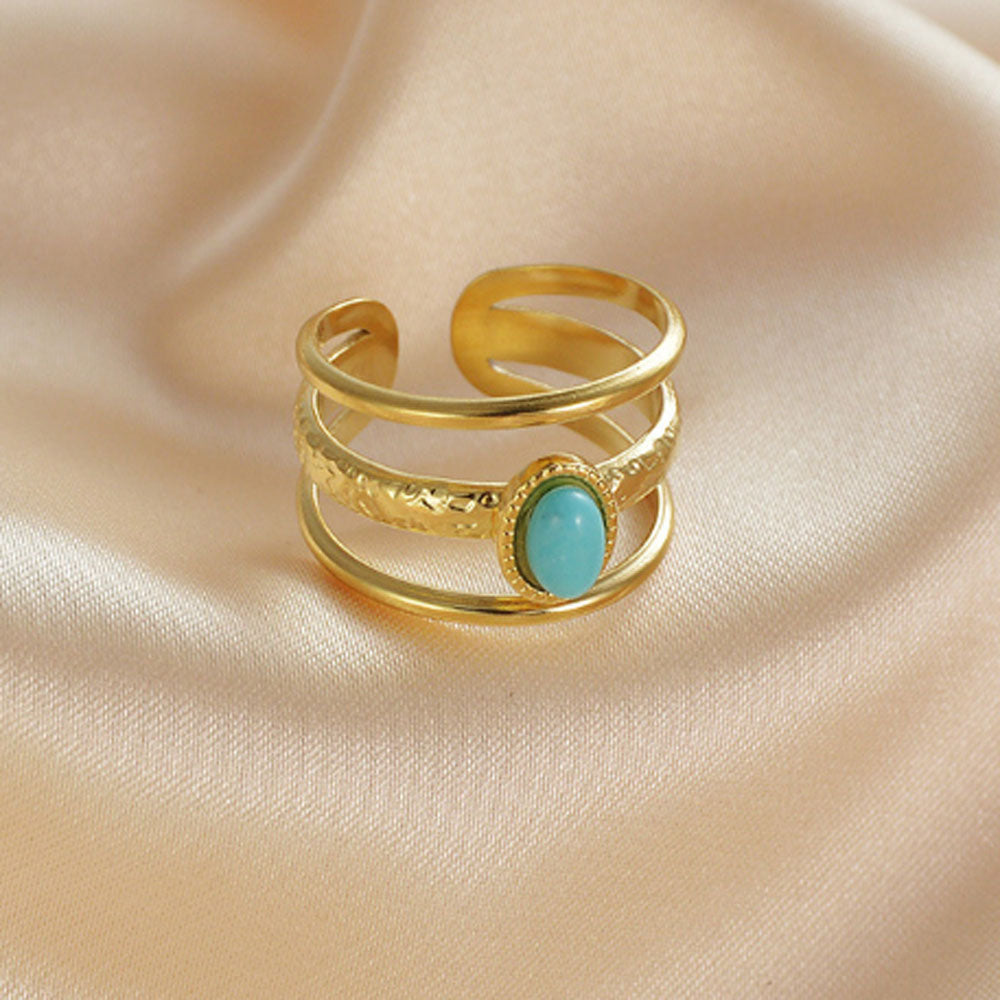 bulk waterproof chic eternity stainless steel gemstone paved turquoise 14k gold plated finger ring jewelry open cuff rings