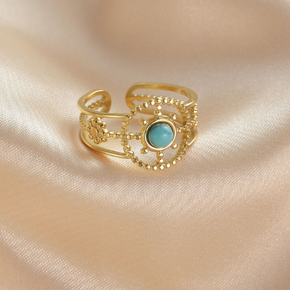 bulk waterproof chic eternity stainless steel gemstone paved turquoise 14k gold plated finger ring jewelry open cuff rings
