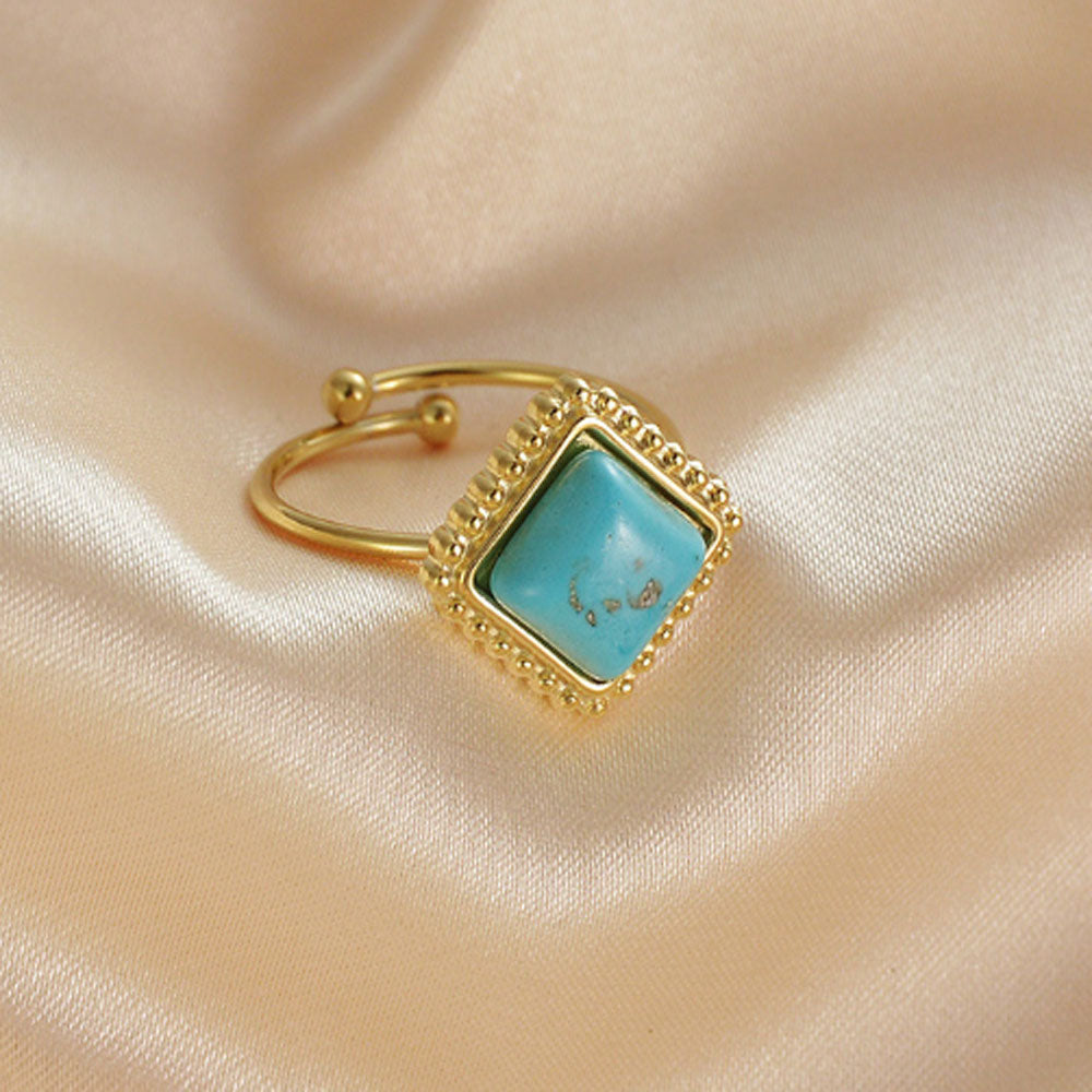 bulk waterproof chic eternity stainless steel gemstone paved turquoise 14k gold plated finger ring jewelry open cuff rings