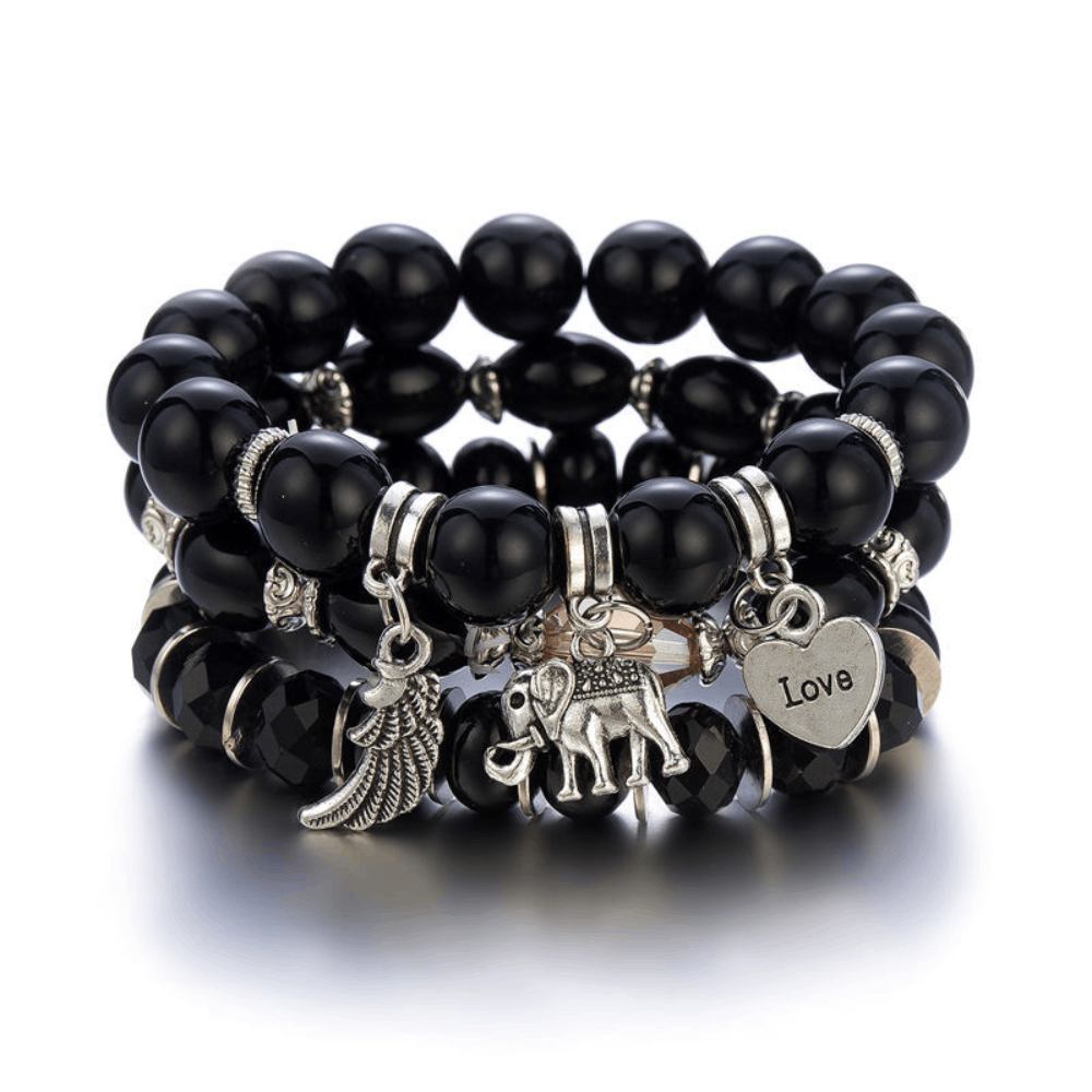 handmade 3pcs a set natural crystal gem stones jewelery bangle bracelets with elephant love angel hanging charm bracelet jewelry