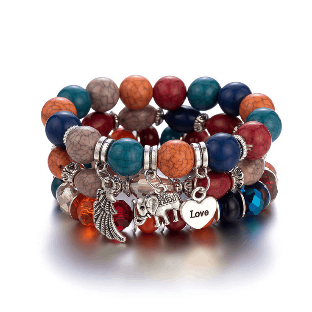 handmade 3pcs a set natural crystal gem stones jewelery bangle bracelets with elephant love angel hanging charm bracelet jewelry