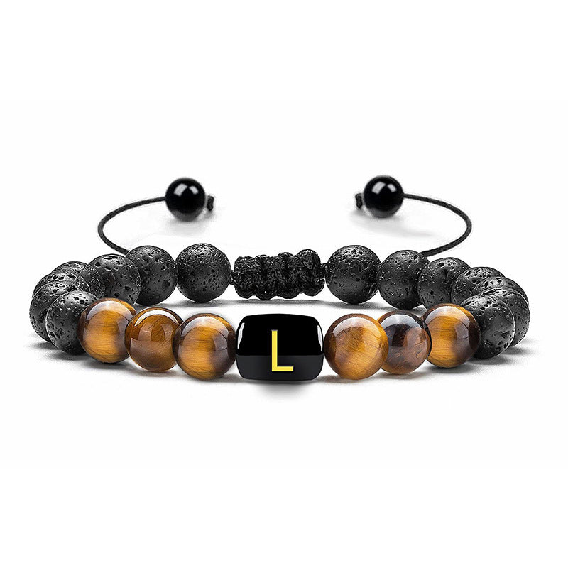 black lava rock tiger eye gemstone bead initial letter alphabet charm bracelet handmade bracelet men China supplier manufacturer