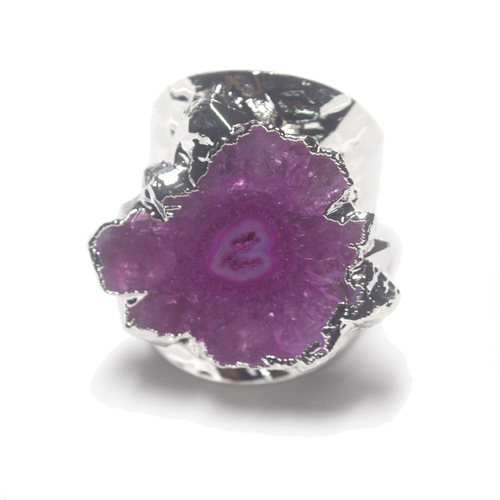 punk classic unique silver metal big natural real agate sugar druzy agatgemstone ring finger rings adjustable jewelry unisex
