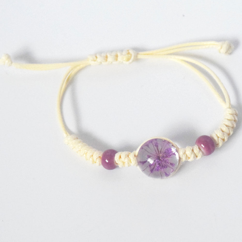 handmadebrown wax cord string rope braided woven glass ball bead dried flower bracelet jewelry