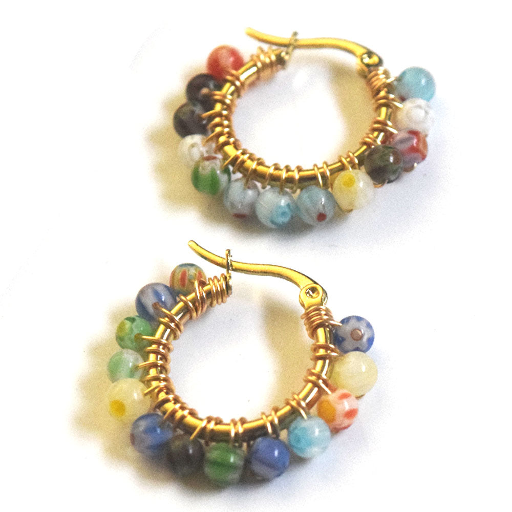 small colored unique handmade fashion stainless steel frame coloured glaze beads beaded hooped stylish earring women