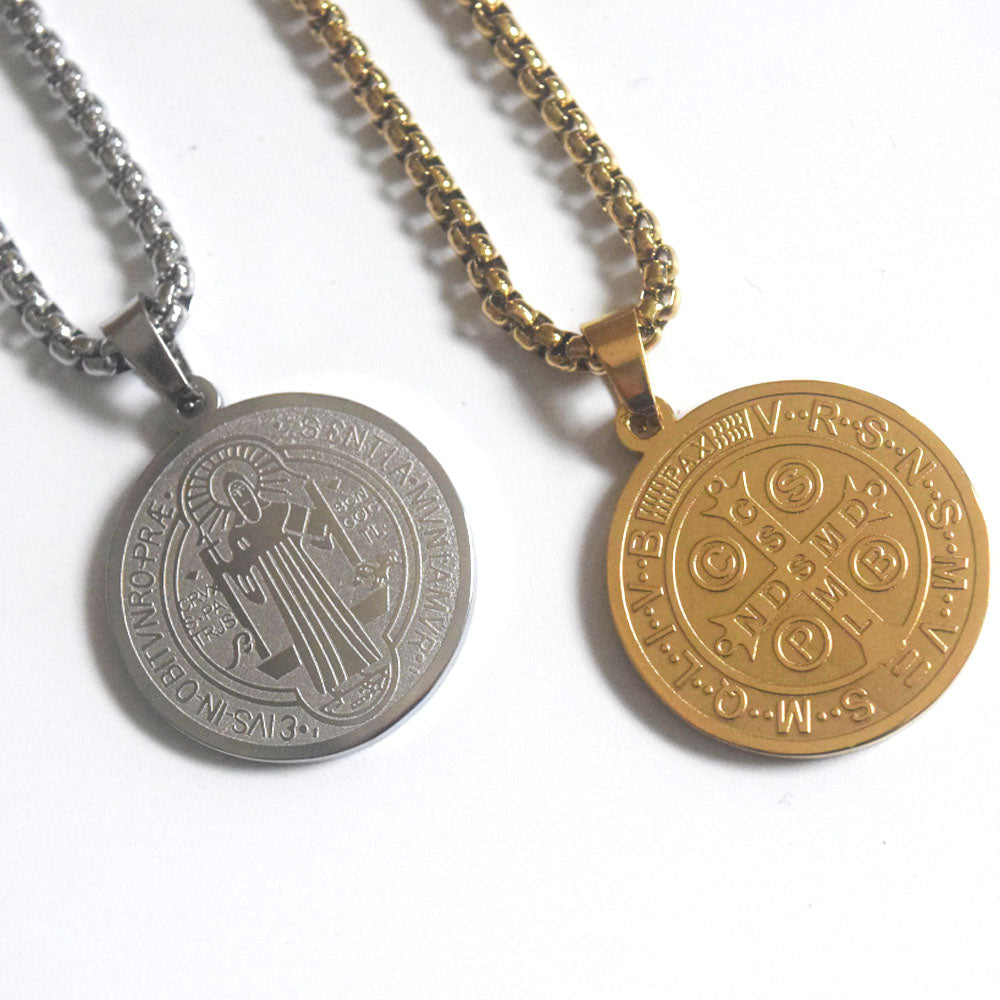 vintage stainless steel 2.45cm diameter saint benedict medal coin charm pendant necklace jewelry