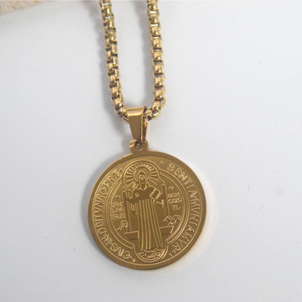 vintage stainless steel 2.45cm diameter saint benedict medal coin charm pendant necklace jewelry