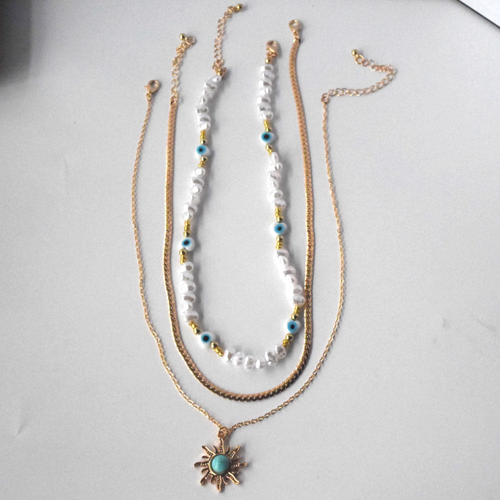 dainty brass alloy multi layer gold plated necklace turquoise stone sun pendant snake chain evil eyes bead necklaces 3 layered