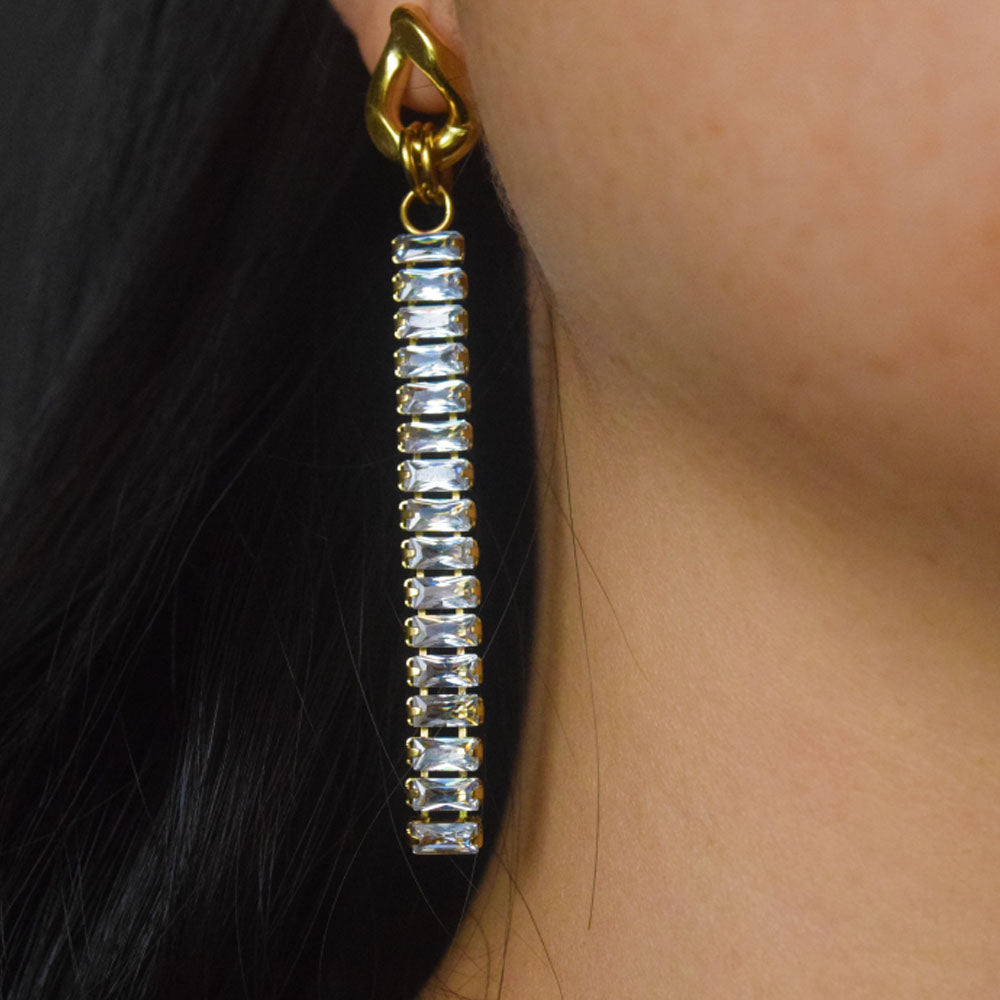 fashion waterproof stainless steel pvd 18k gold plated moissanite zircon tennis chain dangle drop tassel fancy earring for women