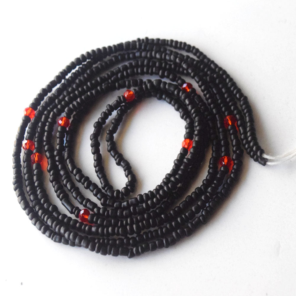 handmade 50 inches adjustable tie on waist beads on cotton cord belly chain body jewelry sophistication matt black red color