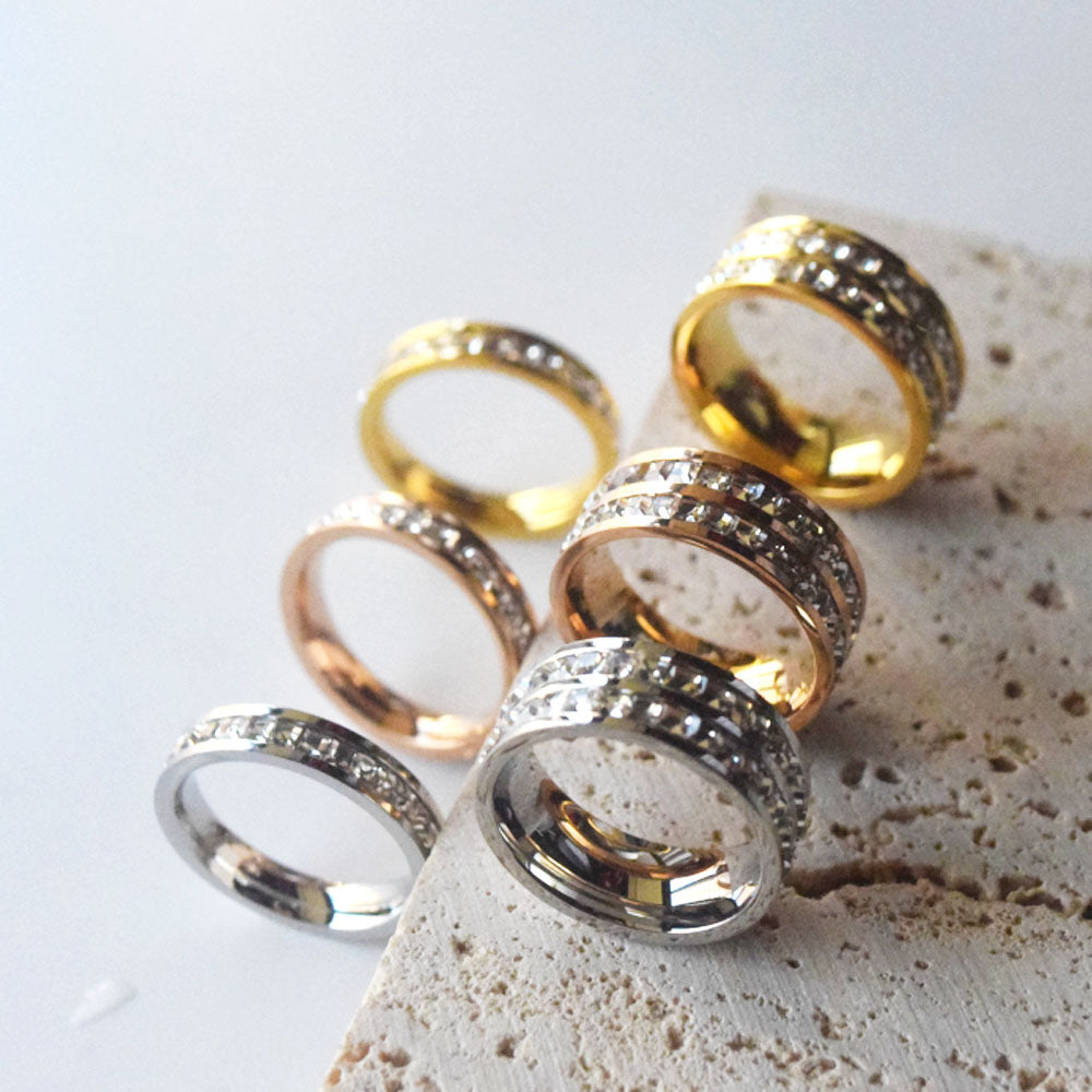 fashion trendy stainless steel gold plate zircon diamond zirconia beads bezel inlay finger rings jewelry
