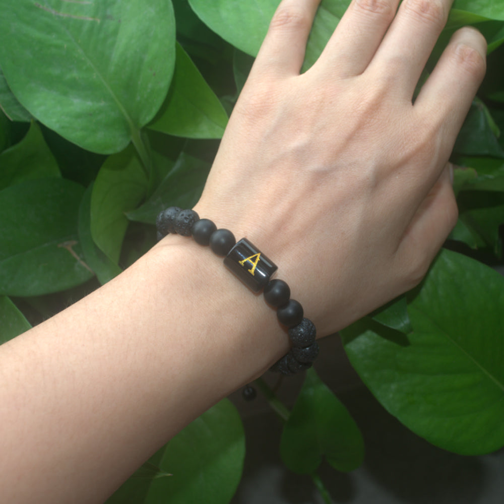black lava rock gemstone bead initial letter alphabet charm bracelet handmade adjustable bracelet China supplier manufacturer