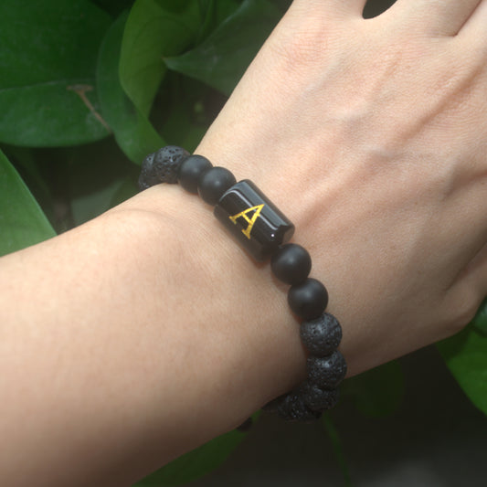 black lava rock gemstone bead initial letter alphabet charm bracelet handmade adjustable bracelet China supplier manufacturer