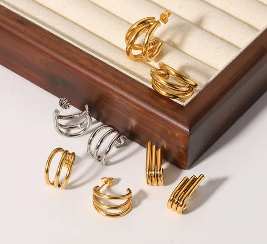 Fashion Classic Vintage Stainless Steel 18k Gold Hoop C Tripple Earrings for Women