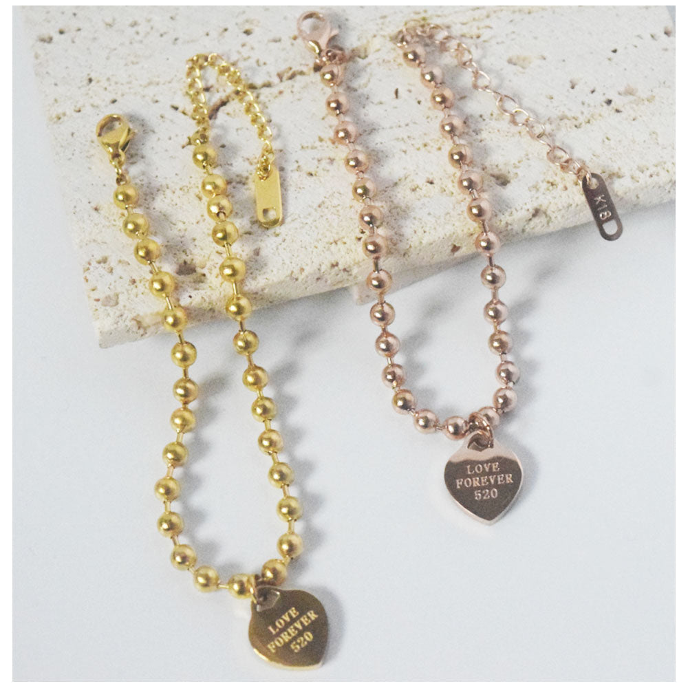 fashion trendy stainless steel gold plate round ball beads chain bracelet heart charm pendant bracelet jewelry