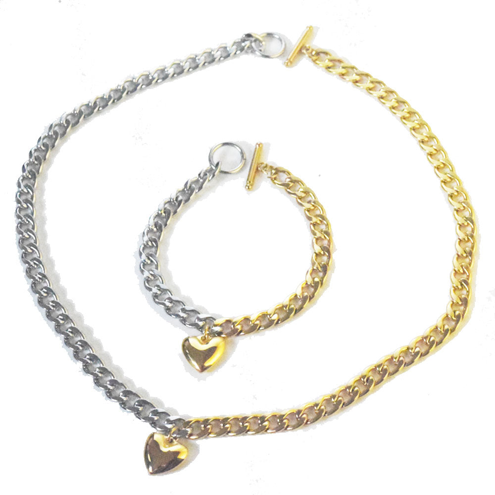 waterproof 18k gold plated miami cuban chain link 8mm half gold half silver necklace bracelet set with heart pendant jewelry