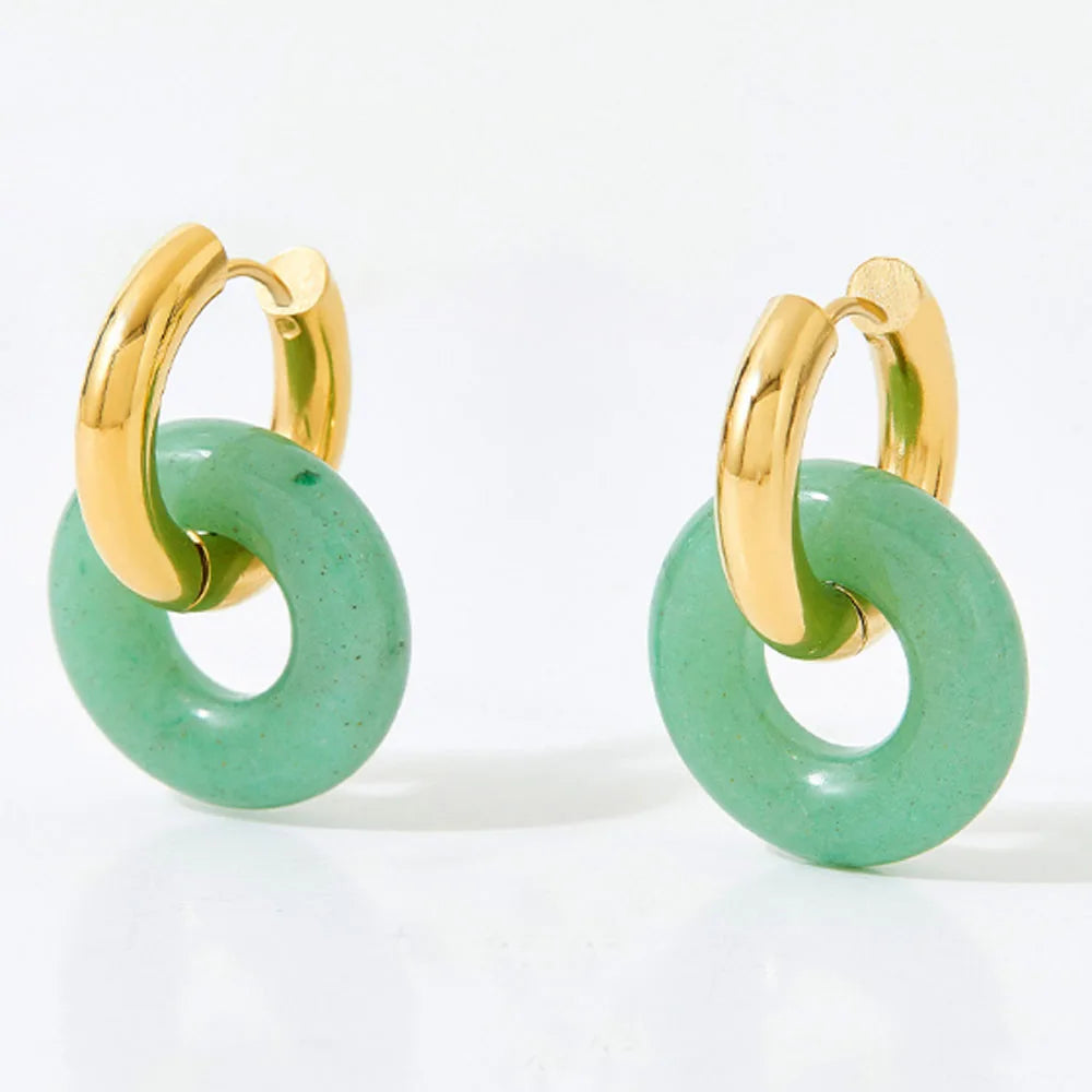 wholesale earrings women steel big with natural stones green aventurine yellow jade rose pink crystal hoop dangle