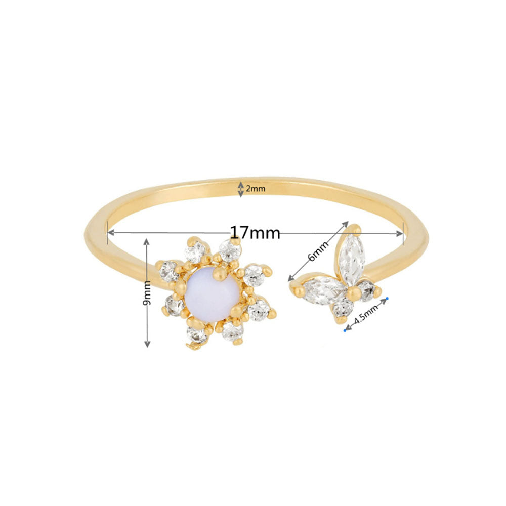 Wholesale Female Make Fashion Flexible Brass Alloy 18k Gold Zircon butterfly plum Blossom Charm Finger Ring Jewelry