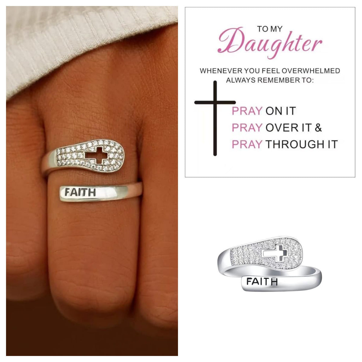 Copper Fashion Trendy Hiphop Index Faith Cross Finger Ring Resizable Jewelry for Women