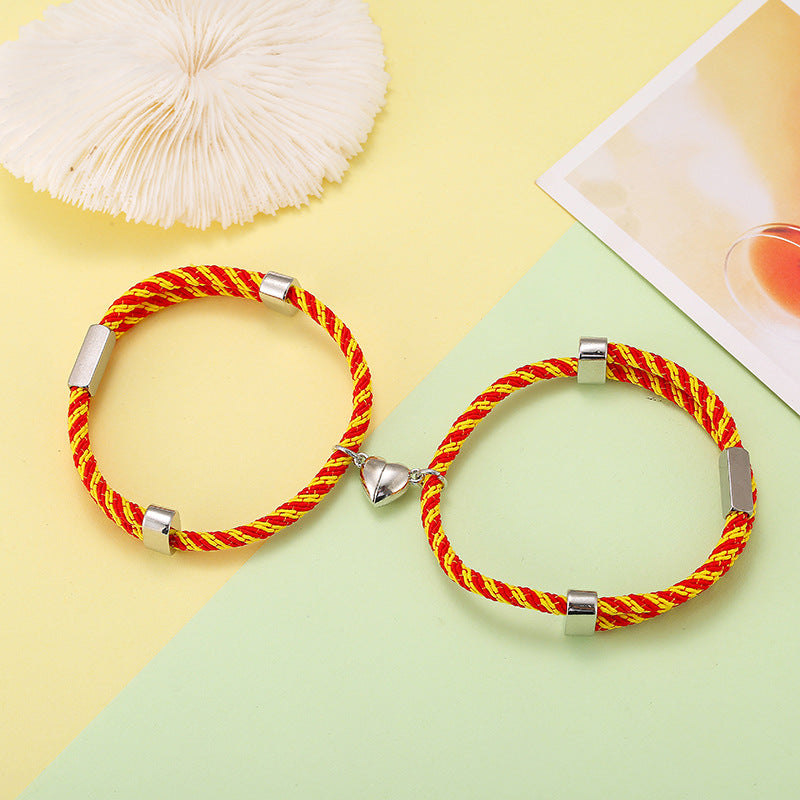 14 Colors Handmade High Quality Cord Woven Magnetic Heart Bead love Couple Bracelet 2pcs Pack Couples Bracelets Set Jewelry