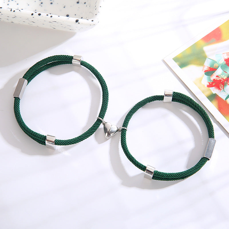 14 Colors Handmade High Quality Cord Woven Magnetic Heart Bead love Couple Bracelet 2pcs Pack Couples Bracelets Set Jewelry