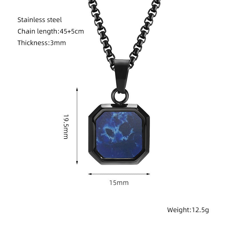 Fashion Chic Stainless Steel Square Shell Turquoise Stone Pendant Necklace Jewelry for Men Women