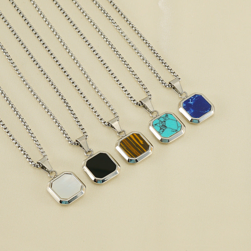 Fashion Chic Stainless Steel Square Shell Turquoise Stone Pendant Necklace Jewelry for Men Women