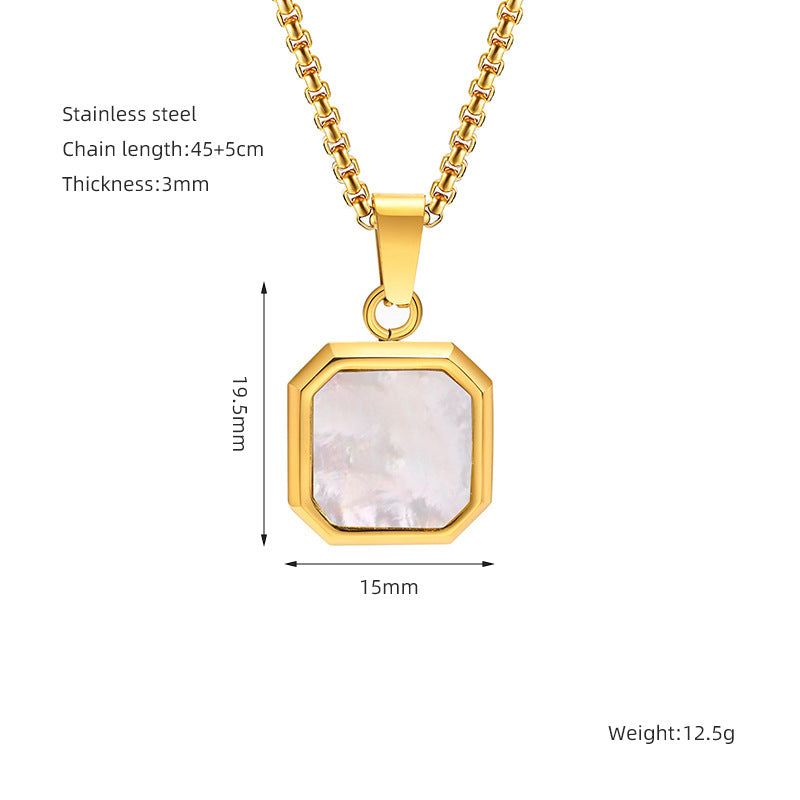 Fashion Chic Stainless Steel Square Shell Turquoise Stone Pendant Necklace Jewelry for Men Women