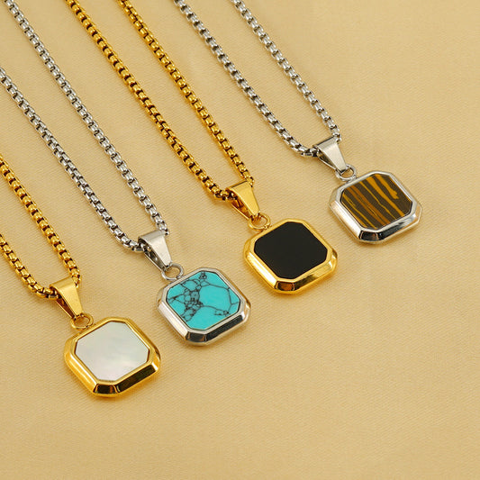 Fashion Chic Stainless Steel Square Shell Turquoise Stone Pendant Necklace Jewelry for Men Women