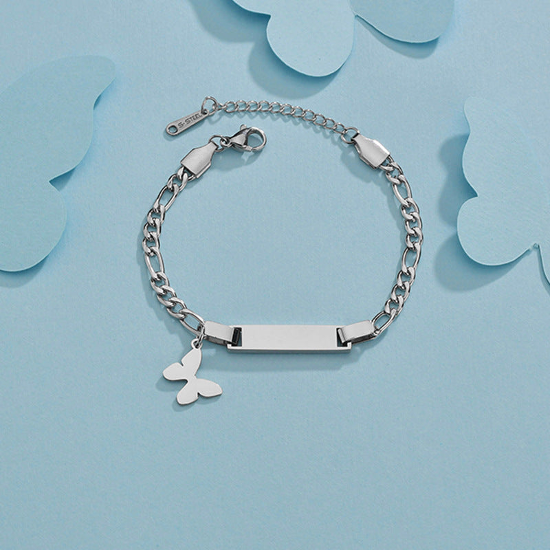 Fashion Trendy Hot Selling Stainless Steel Bar Engraving Gift Butterfly Star Crown Heart Charm Chain Bracelet Women