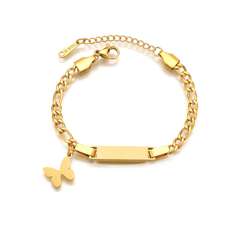 Fashion Trendy Hot Selling Stainless Steel Bar Engraving Gift Butterfly Star Crown Heart Charm Chain Bracelet Women