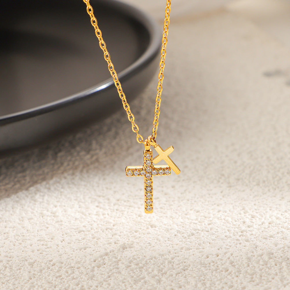 Wholesale Korean Style Fashion Stainless Steel 18K Gold Plated Double Cross Pendant Necklace for Women