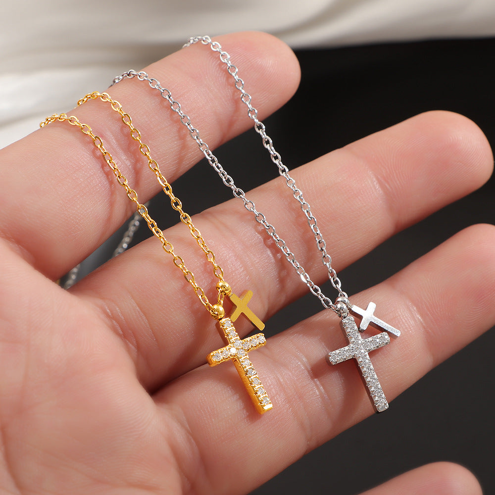 Wholesale Korean Style Fashion Stainless Steel 18K Gold Plated Double Cross Pendant Necklace for Women