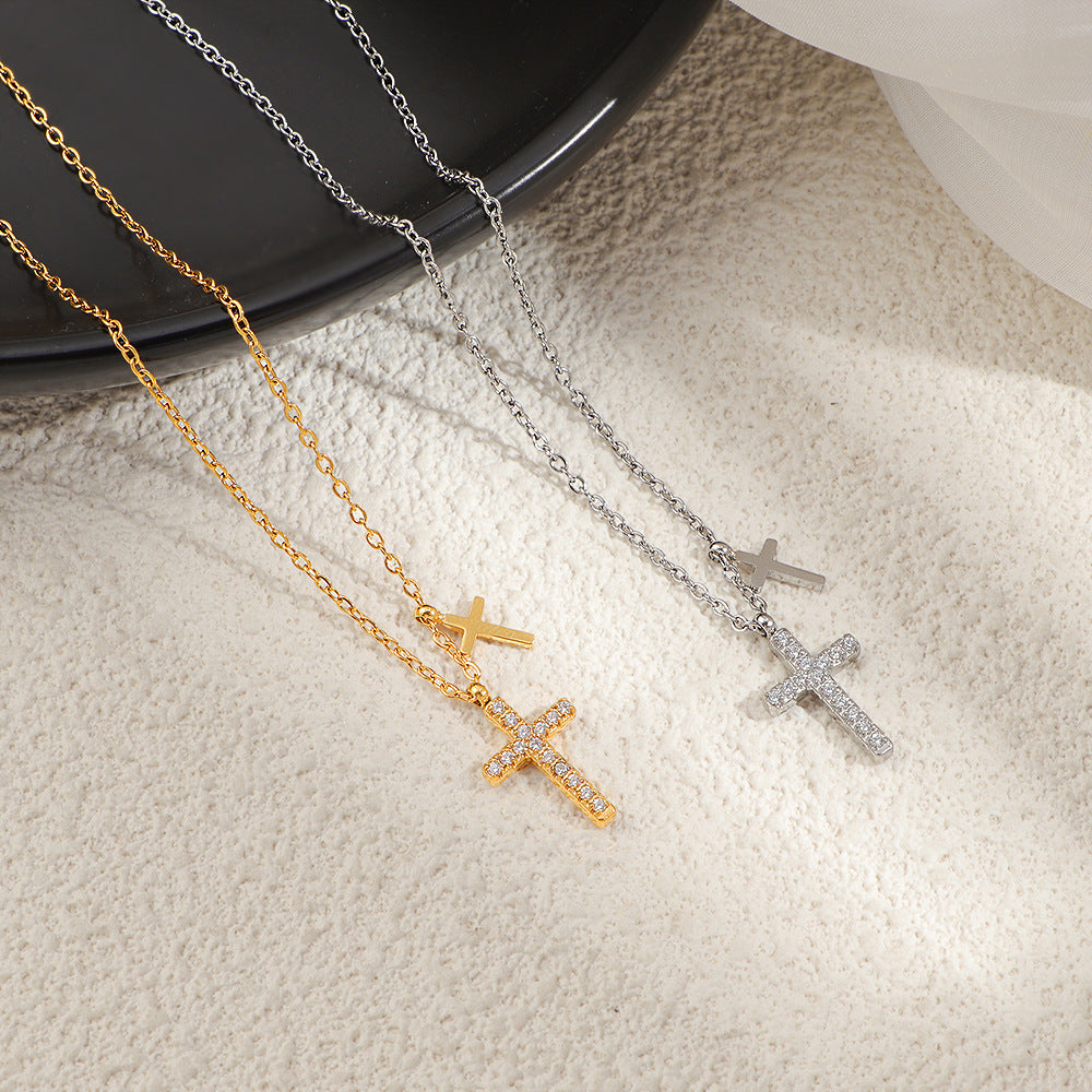 Wholesale Korean Style Fashion Stainless Steel 18K Gold Plated Double Cross Pendant Necklace for Women